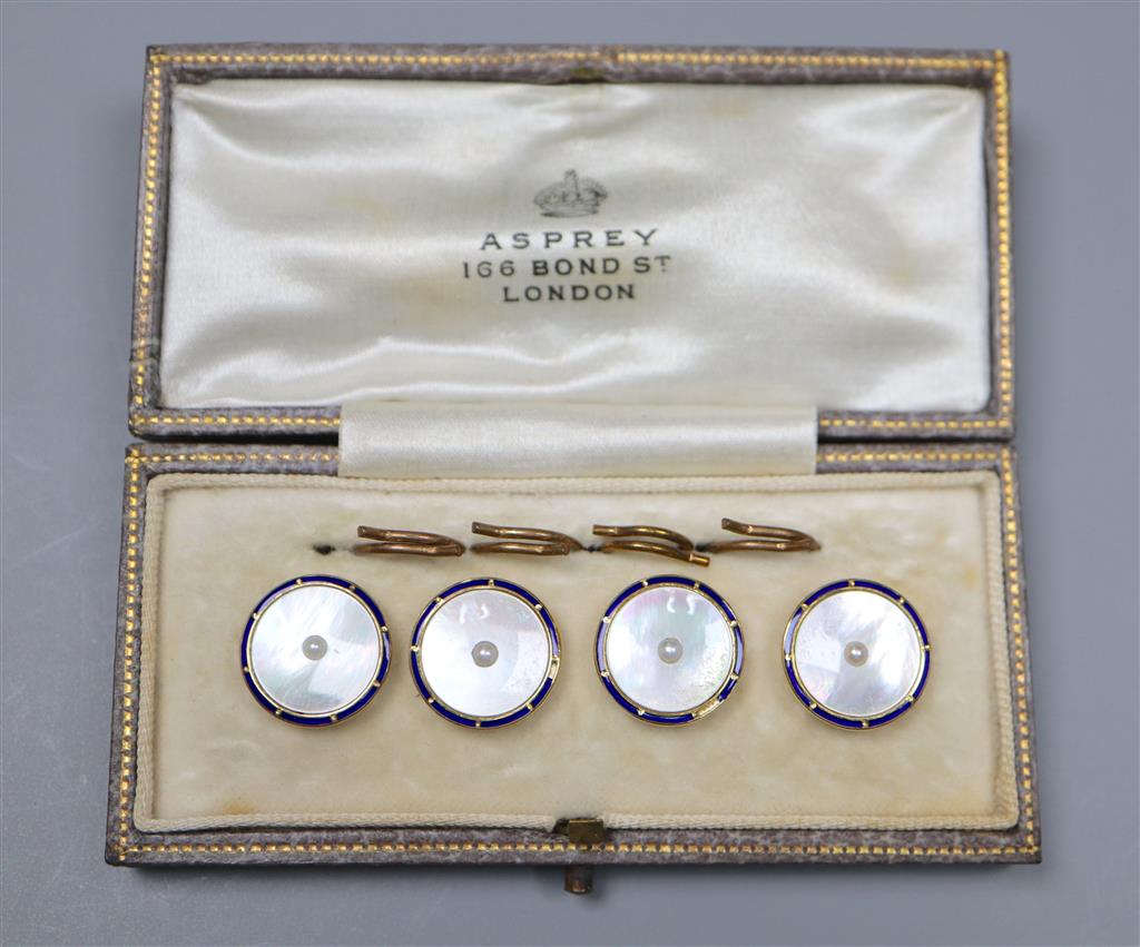 A cased set of four early 20th century 9ct, mother of pearl and enamel buttons, in Asprey box.